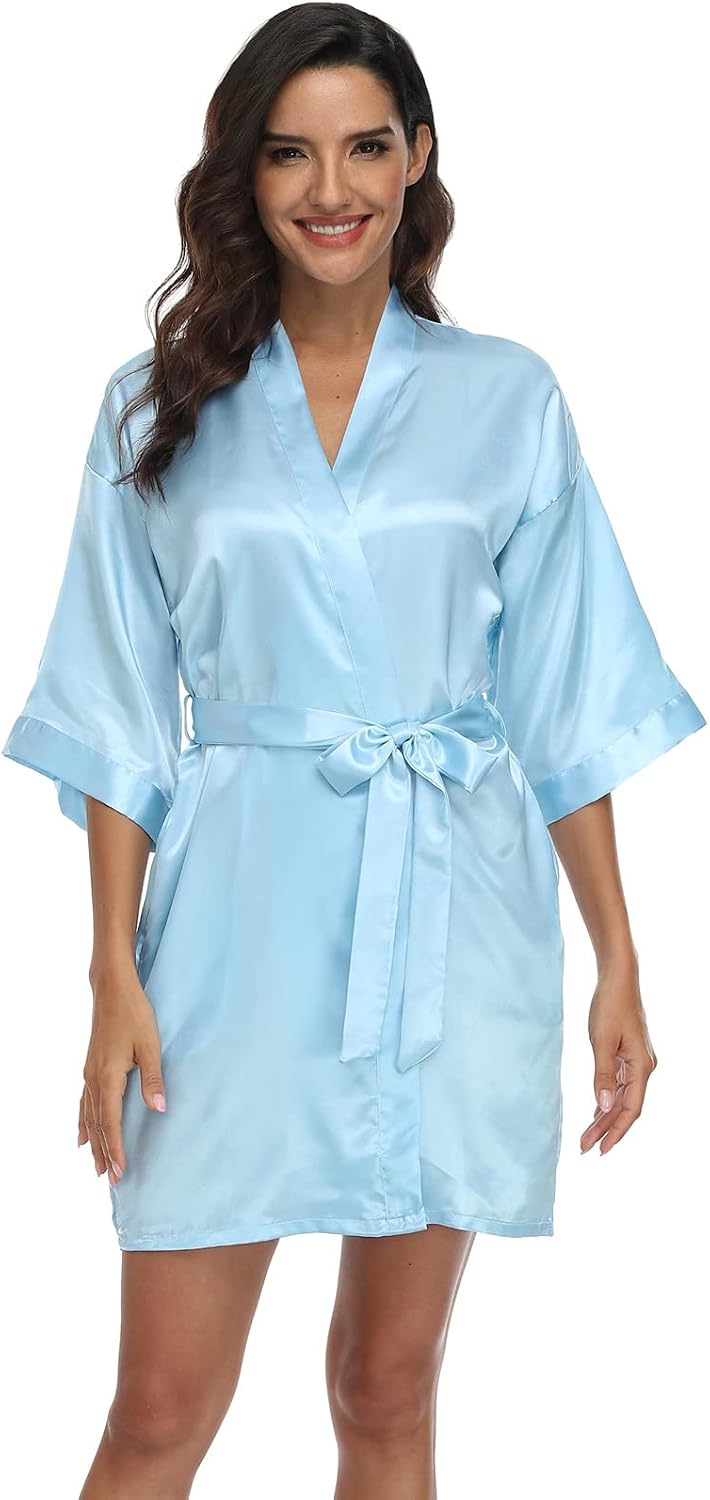 Short light blue satin robe with wide sleeves, pockets, and a matching tie belt