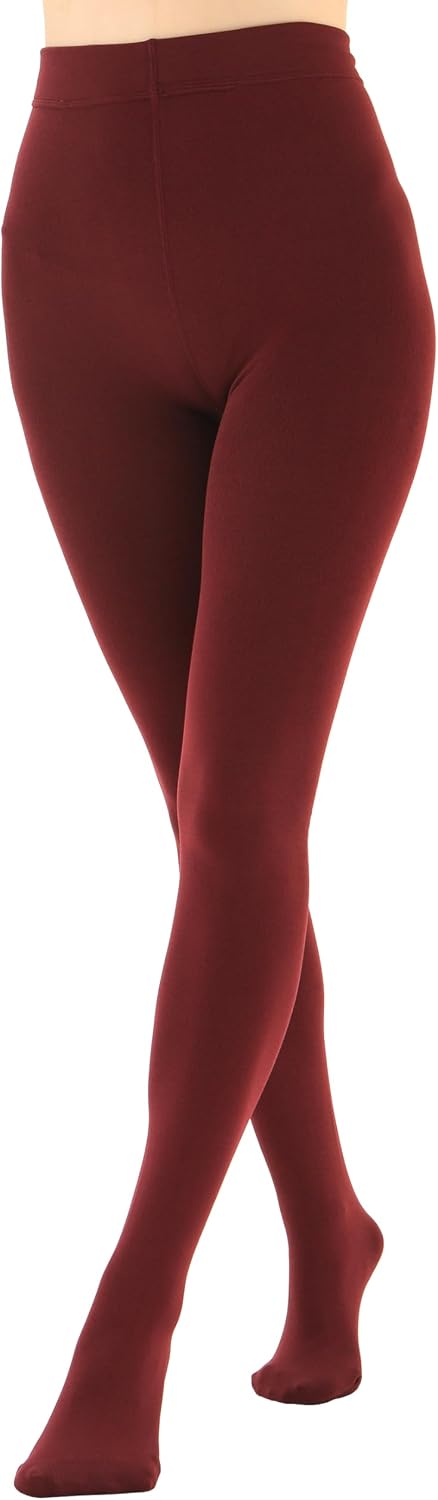 Wine red opaque fleece-lined thermal tights, full-length back view