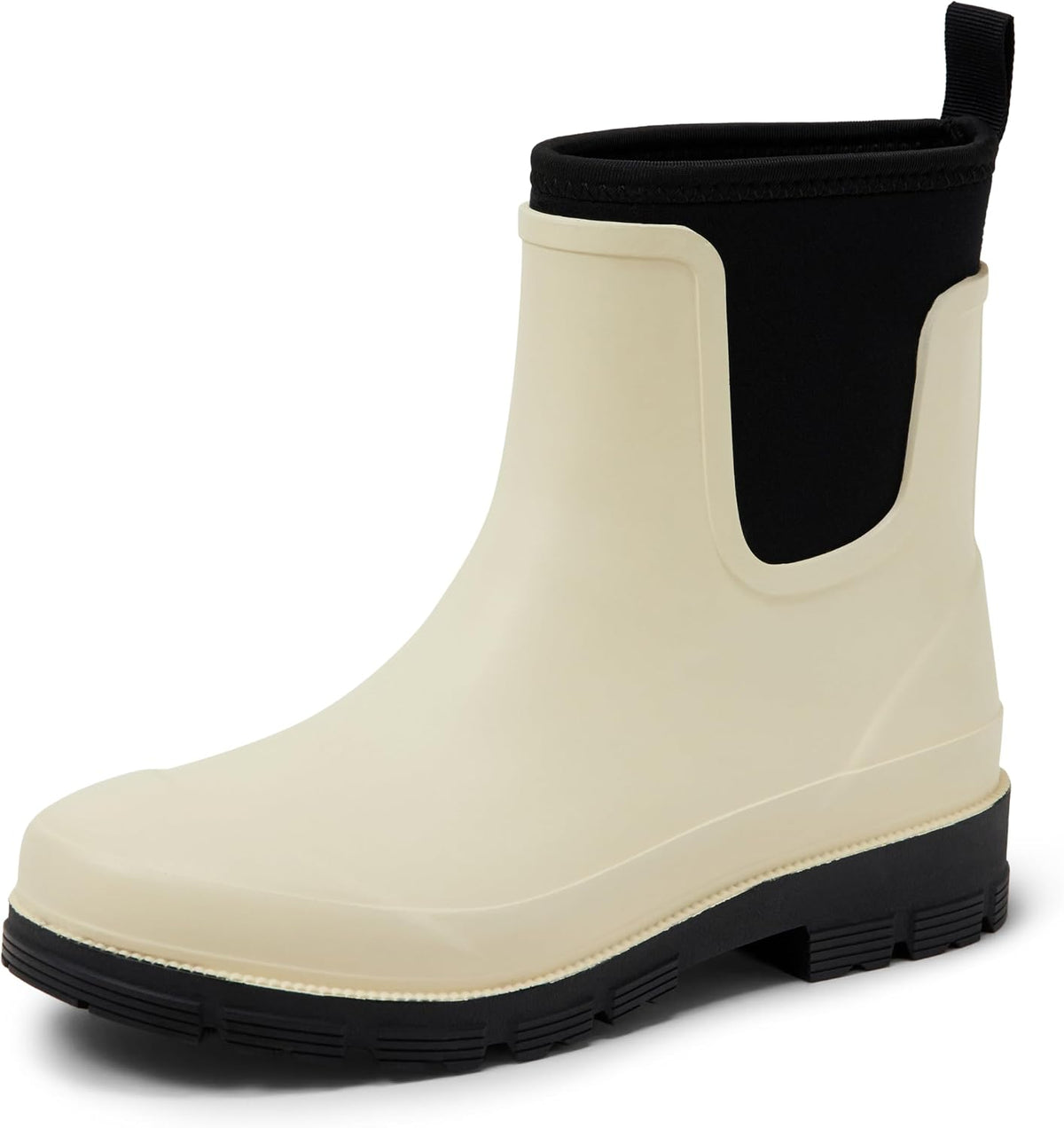 Ivory Chelsea ankle rain boot with black elastic panel and lug sole