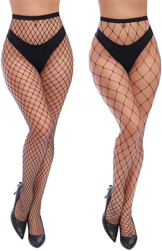 High-waist fishnet tights with black waistband and diamond net pattern