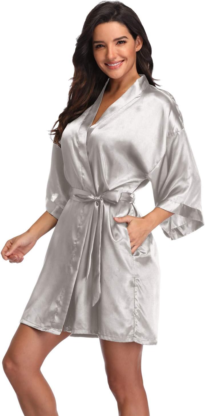 Short silver satin robe with wide sleeves, a matching tie belt and side pockets