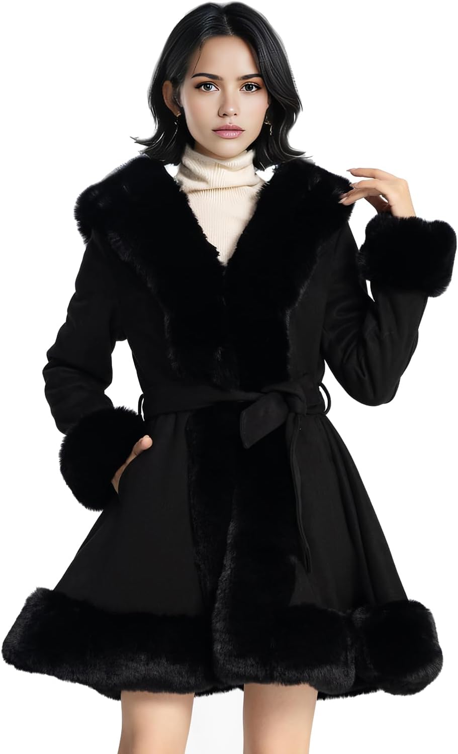 Black belted flared coat with plush fur lapels, cuffs and hem