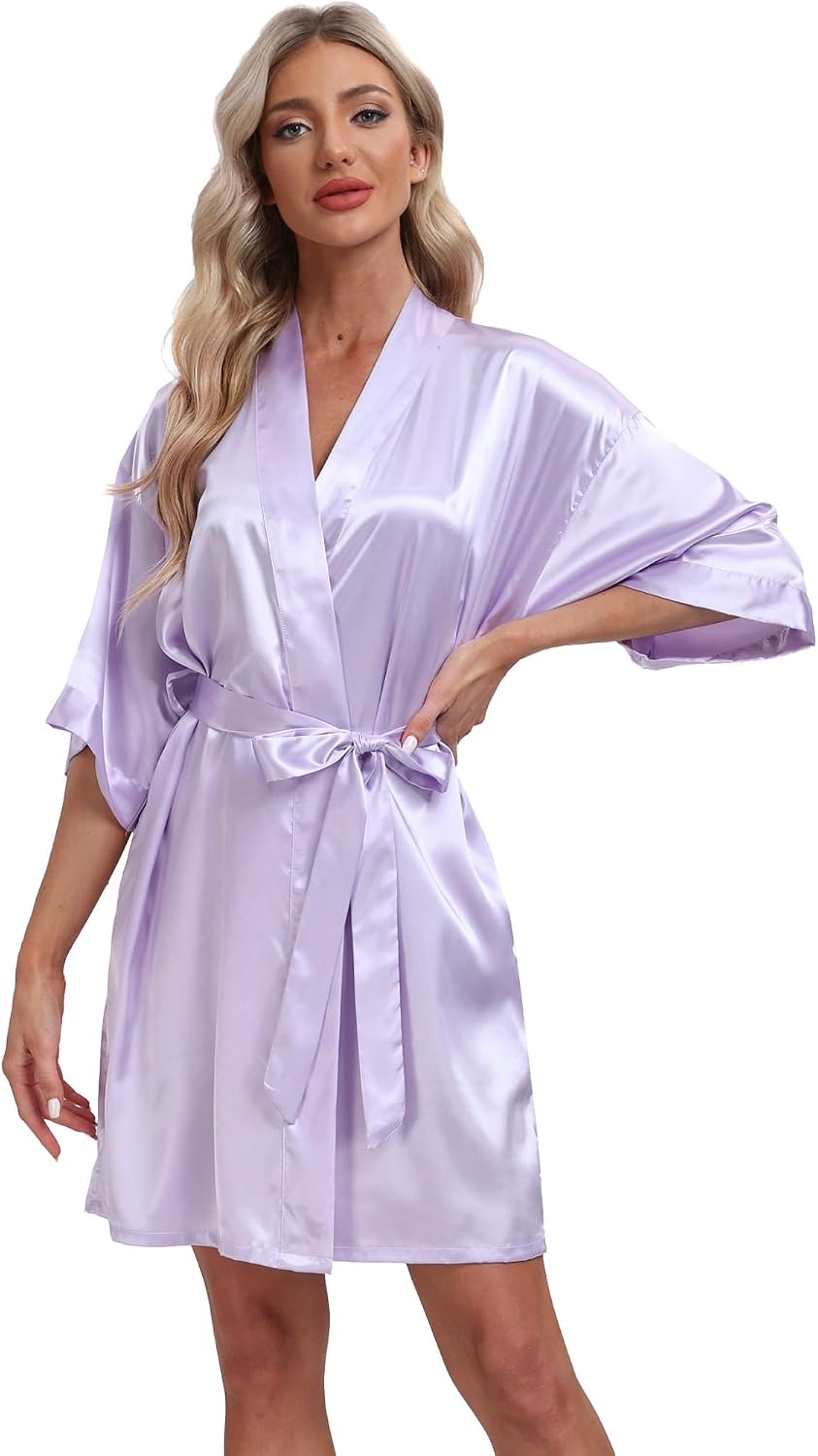 Short lavender satin robe with wide sleeves and a matching waist tie