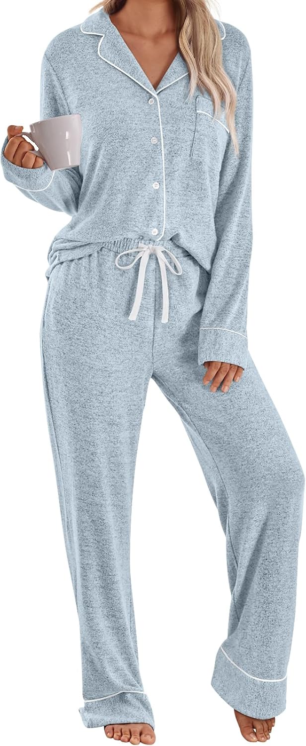 LILLUSORY women's pajama set in light blue with a piped button-up top and drawstring pants