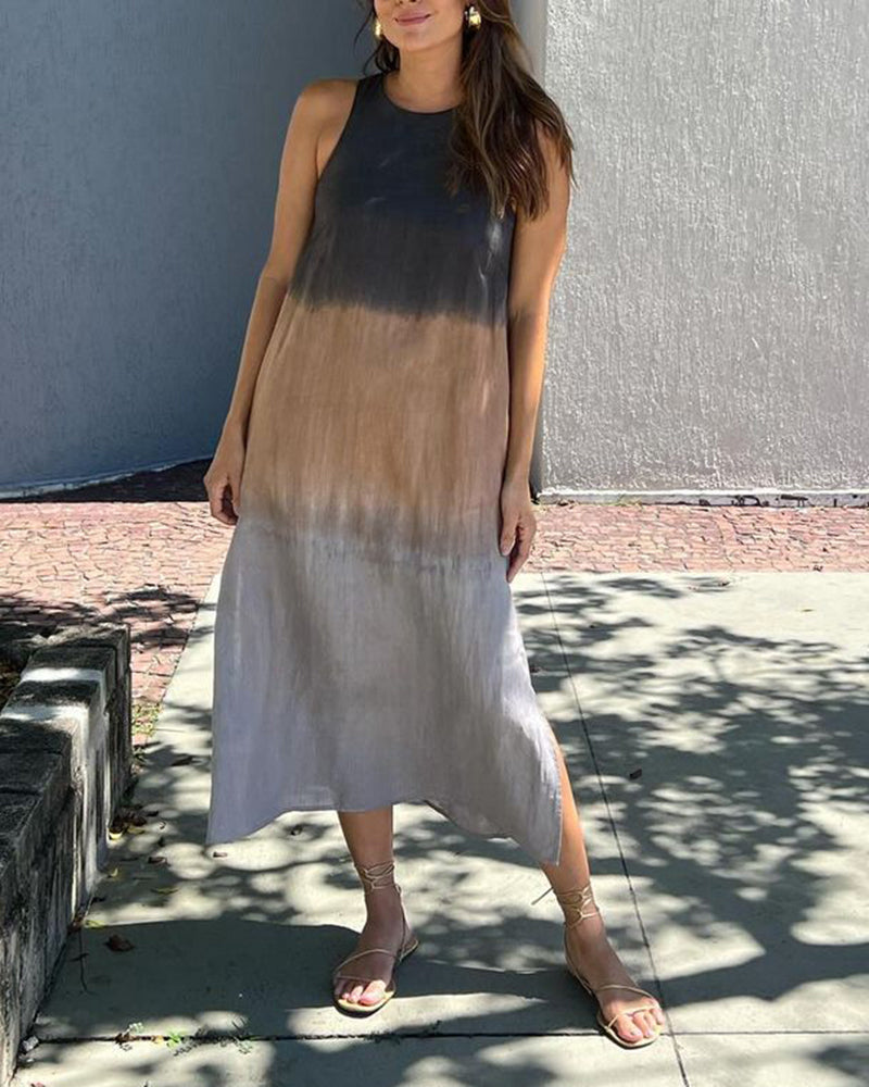 Sleeveless ombre midi dress, crew neck with side slit, dark-to-gray gradient, front view.
