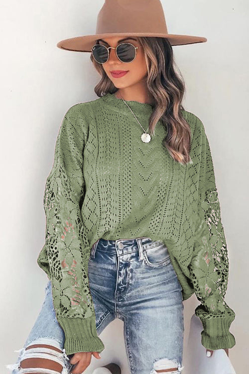 Green lace hollow-out knit sweater with chevron texture and bell-shaped lace sleeves