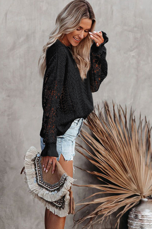 Black lace hollow-out knit sweater with long sleeves and ribbed hem