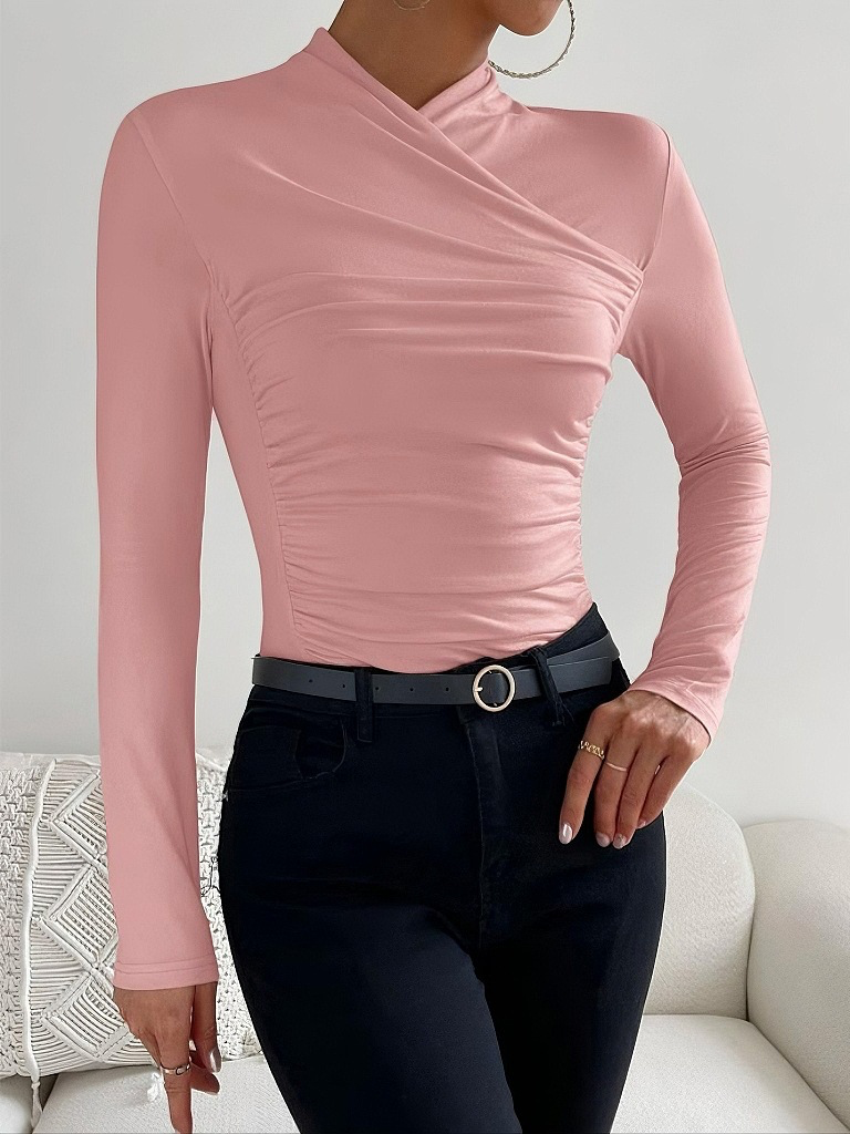Pink viscose mock neck long-sleeve top with ruched crossover wrap front
