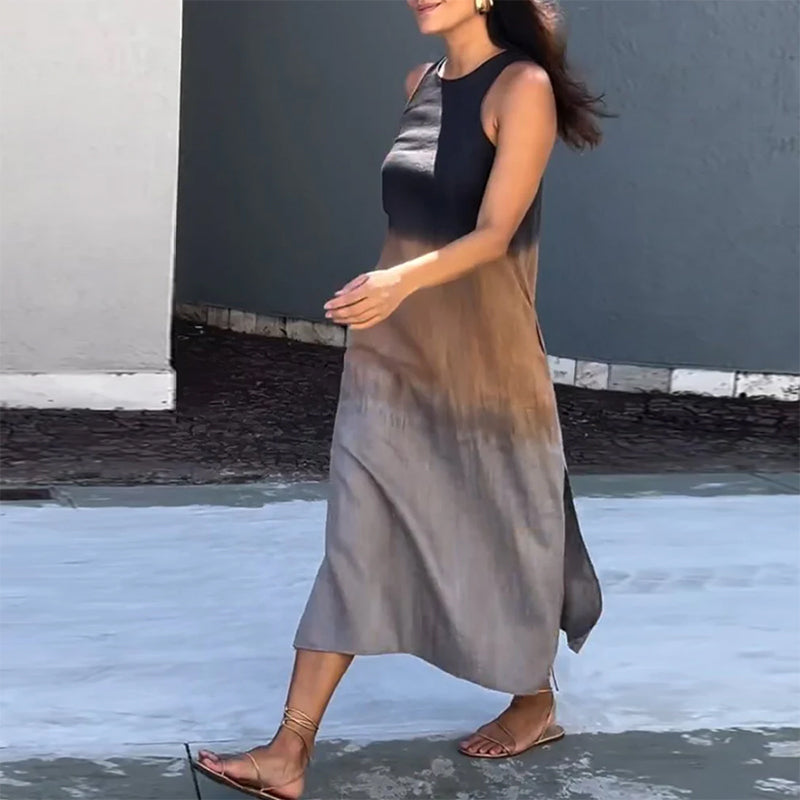 Ombre midi dress, sleeveless crew neck with side slit in gray and dark gray