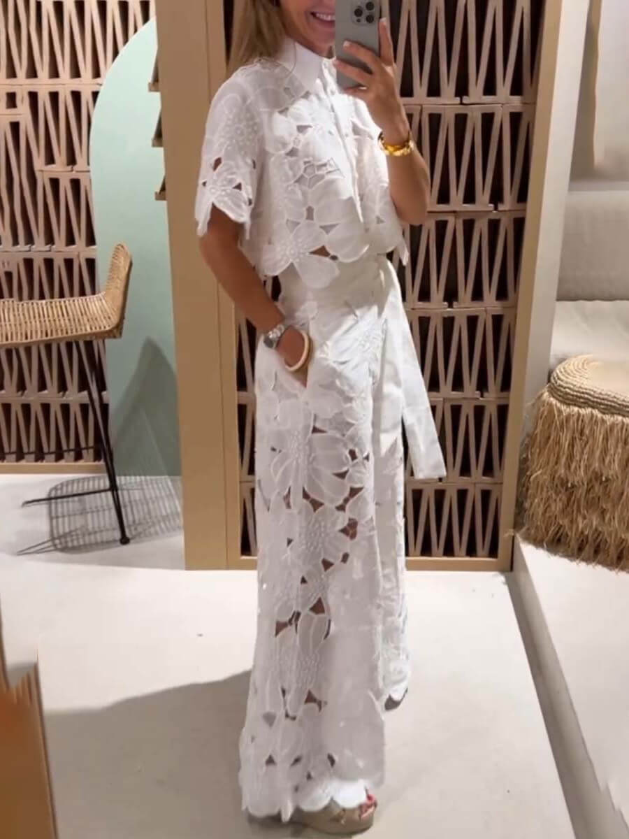White lace cropped blouse with floral cutwork, button front, short sleeves
