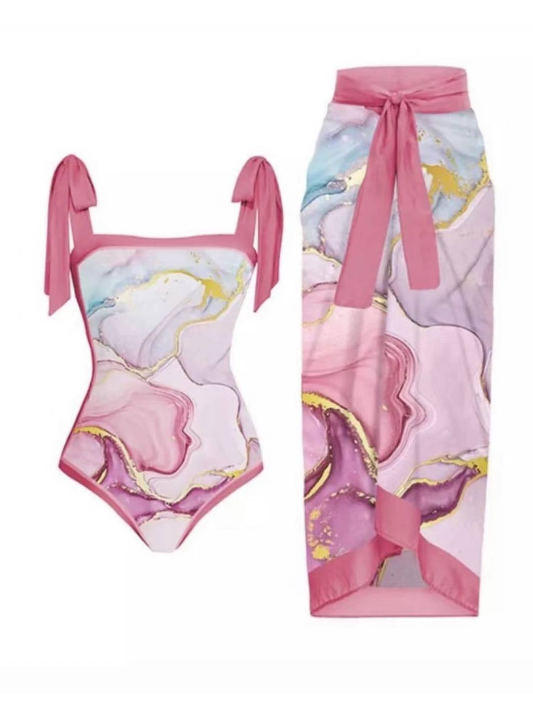 Pink one-piece swimsuit with bow tie straps and marble print; matching wrap sarong