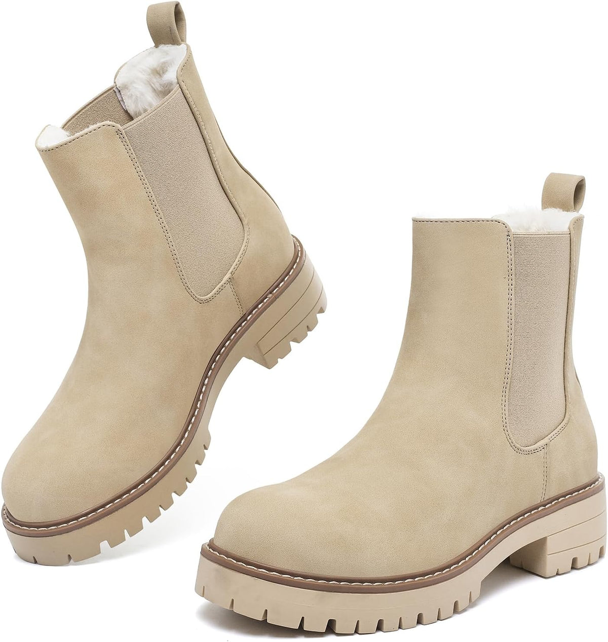 Rice-colored fur-lined Chelsea ankle boots with elastic side panels and chunky lug soles