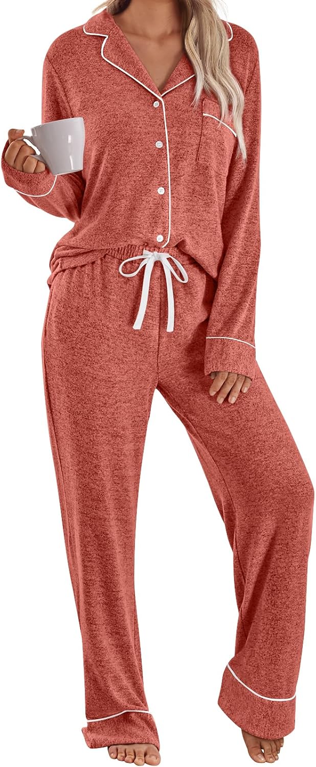 Women's coral pajama set with piped button-front shirt and wide-leg drawstring pants