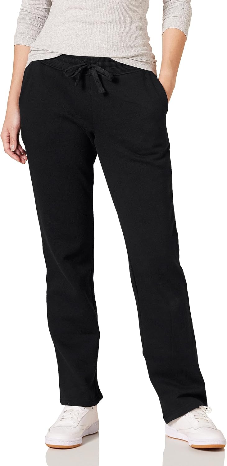 Women’s black fleece straight-leg sweatpants with drawstring waist and side pockets.
