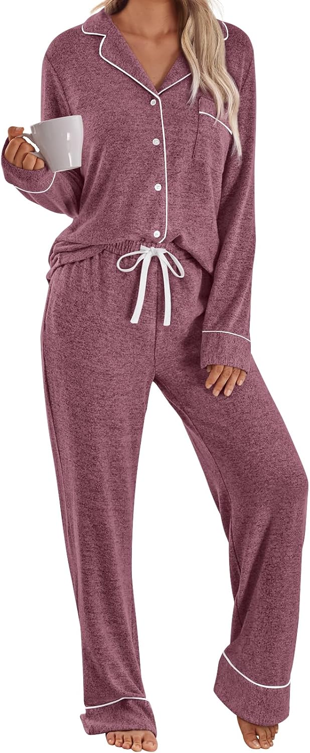 LILLUSORY women's pajama set in mauve with a piped button-up top and drawstring pants