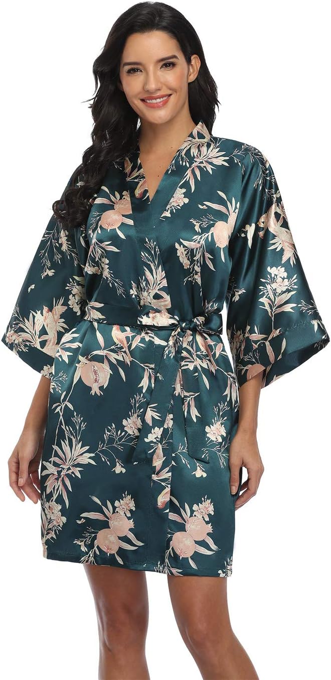 Teal satin robe with a floral print, wide sleeves, and a waist tie
