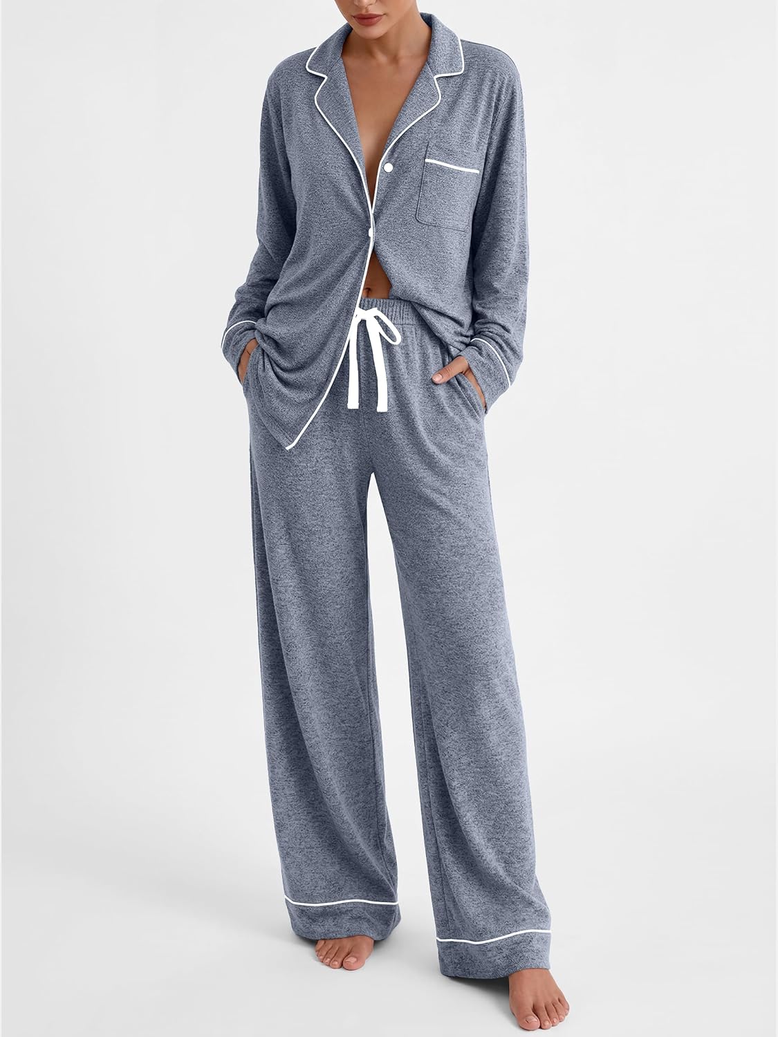 Women's blue-gray two-piece pajama set with piped button-front top and drawstring pants