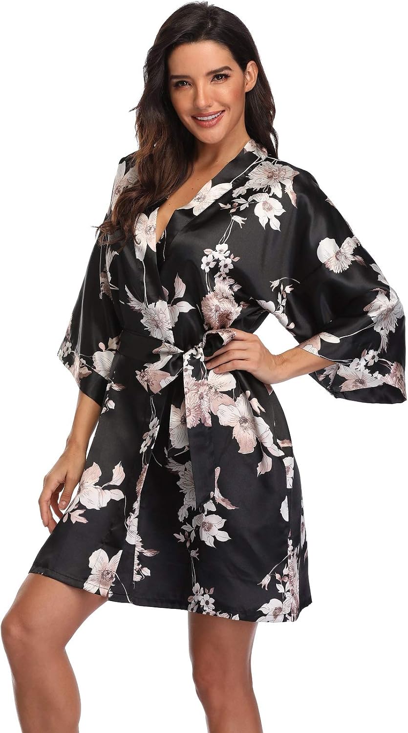 Black satin robe with a light floral print and waist tie