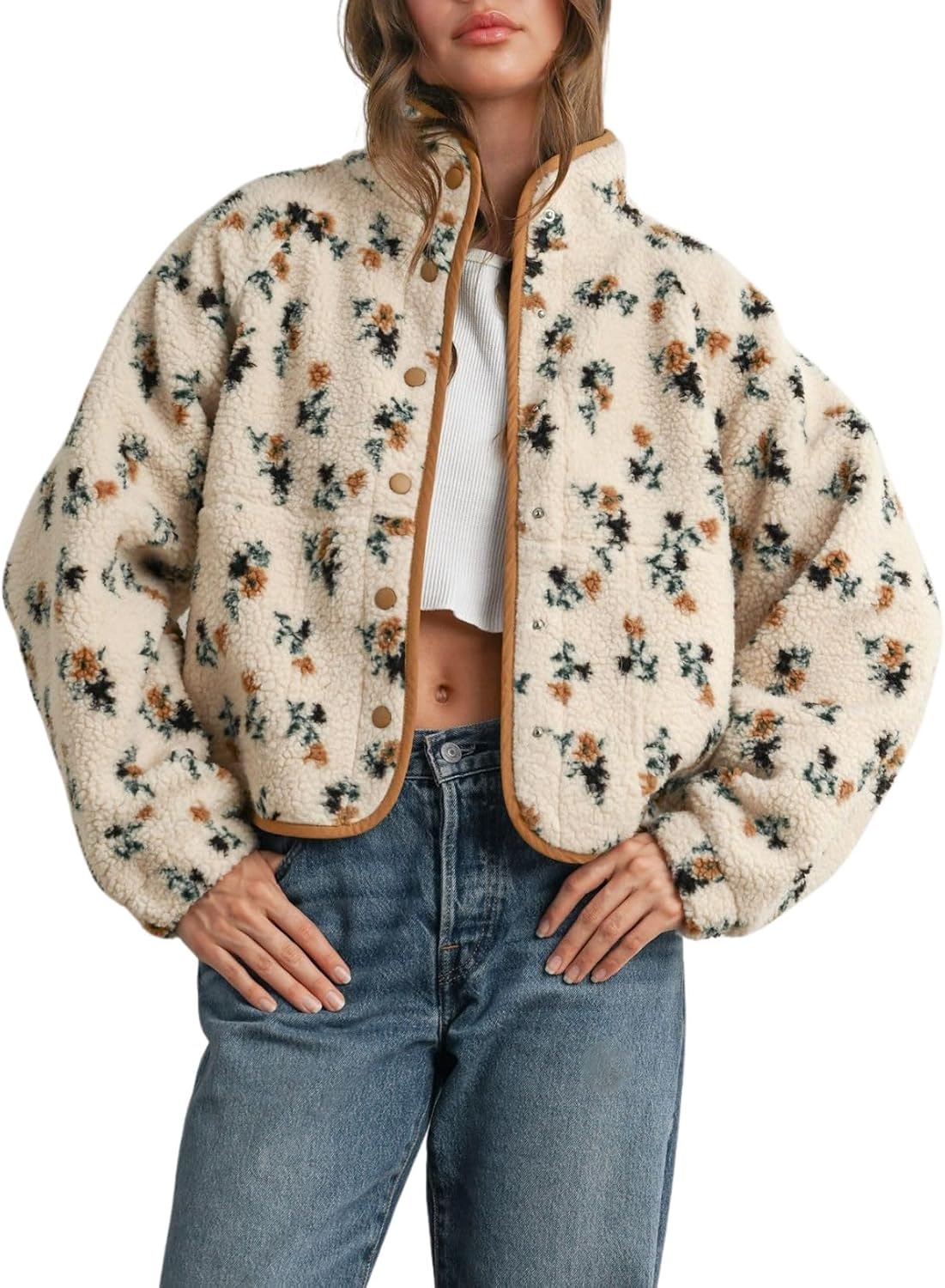 Floral teddy fleece jacket, cream with multicolor blooms, hooded collar, snap front