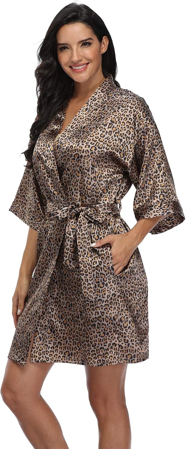 Short leopard print satin robe with wide sleeves, pockets, and a matching tie belt