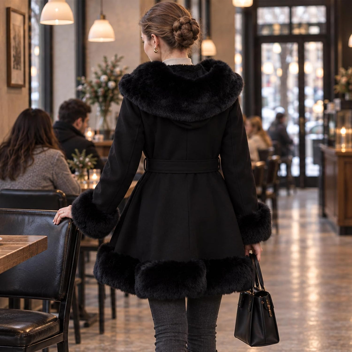 Back view of a black belted coat with a fur-trimmed hood, cuffs and hem