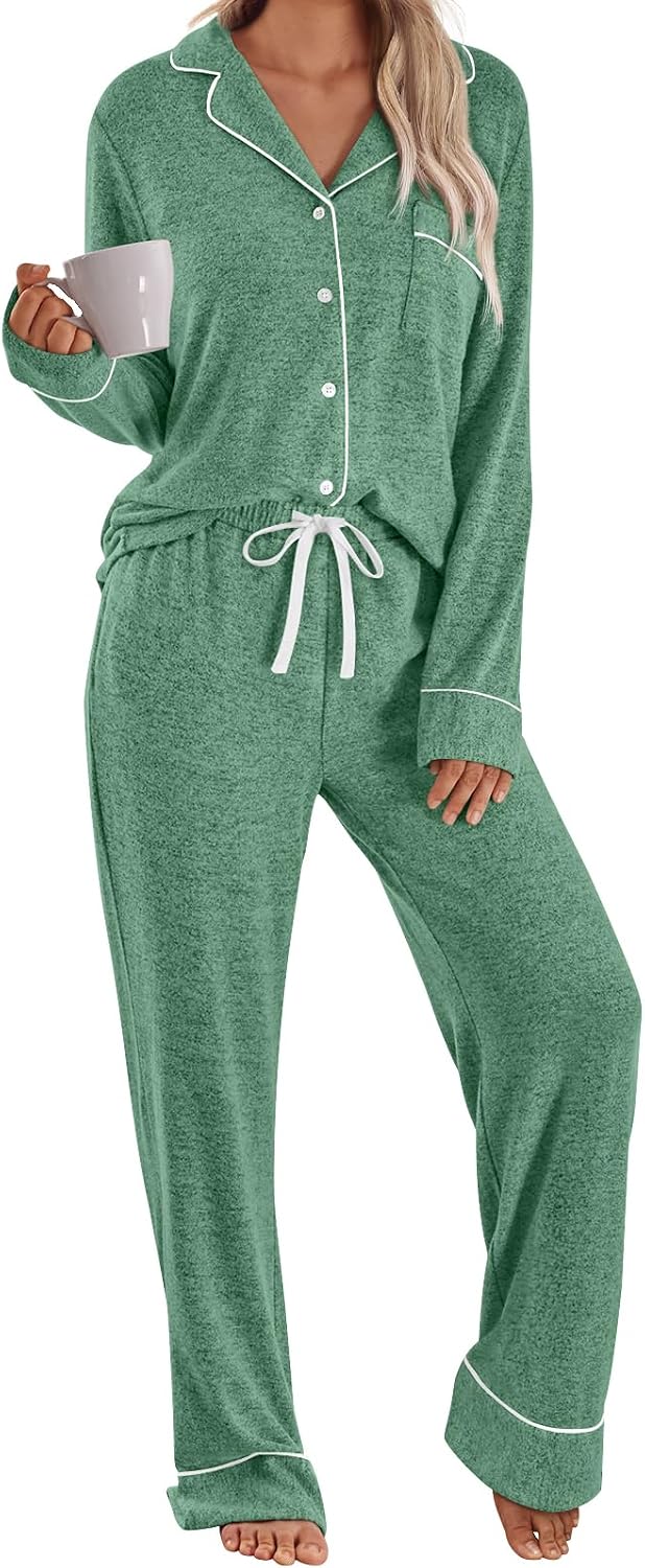 LILLUSORY women's pajama set in green with a piped button-up top and drawstring pants