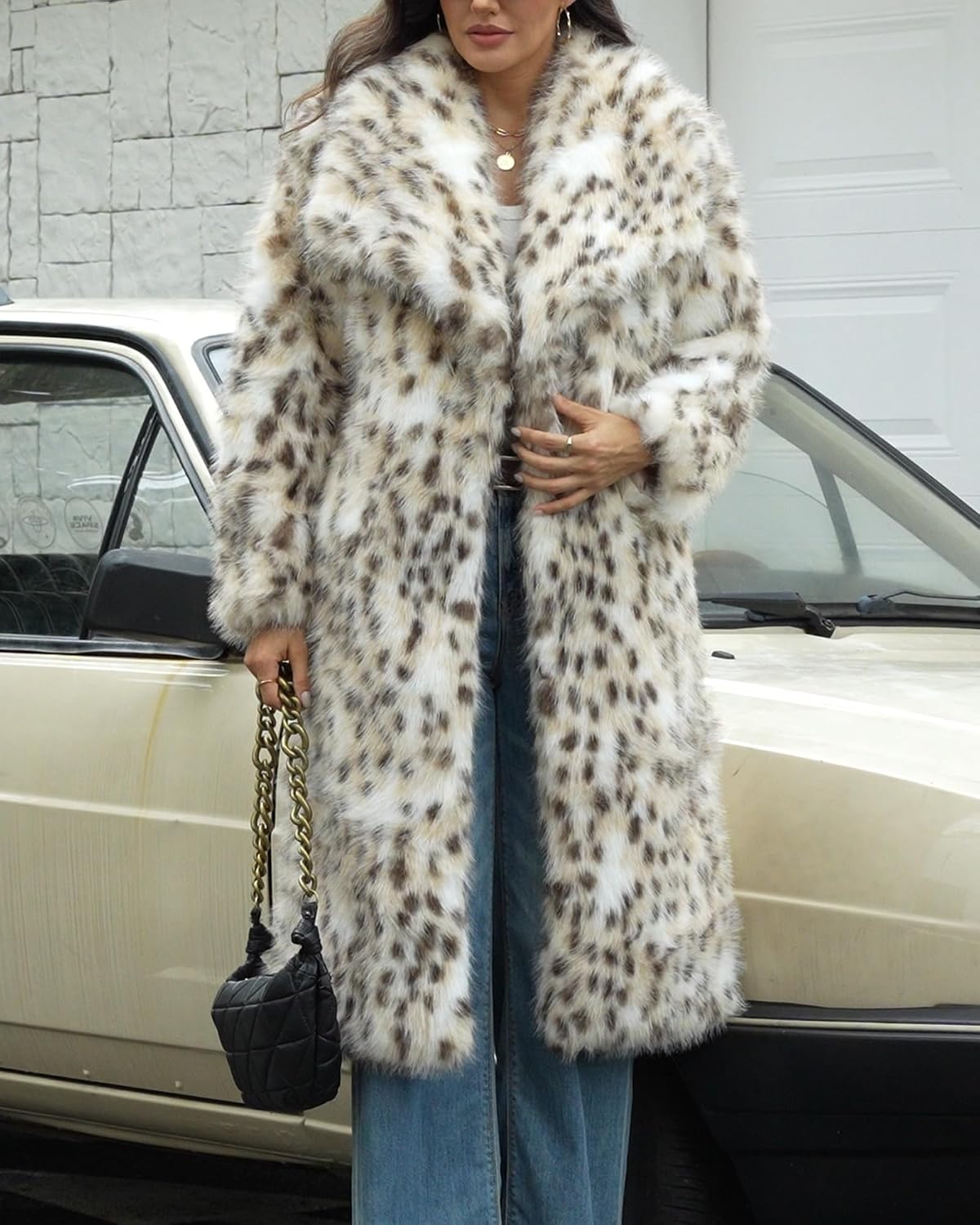 Long plush animal-print coat with a wide collar and straight silhouette