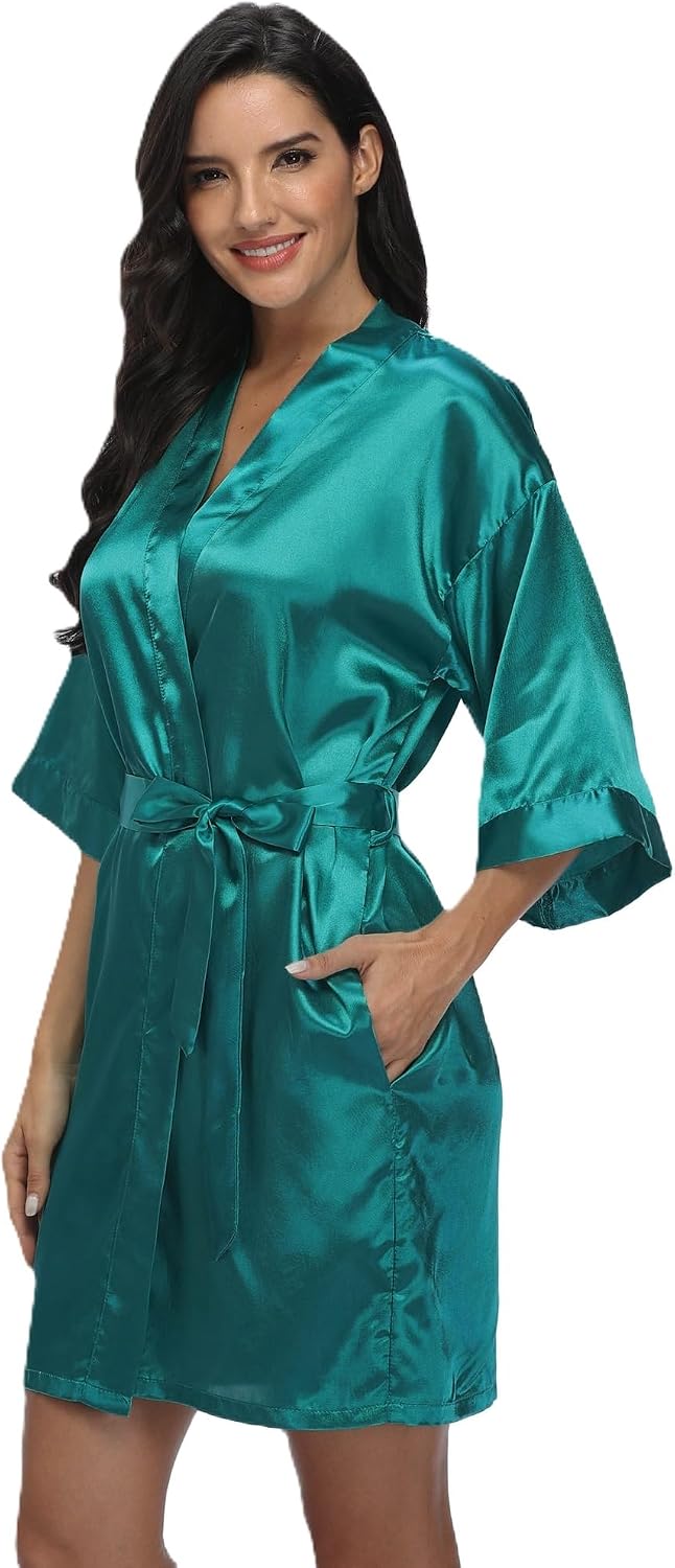 Short teal satin robe with wide sleeves, a matching tie belt and side pockets