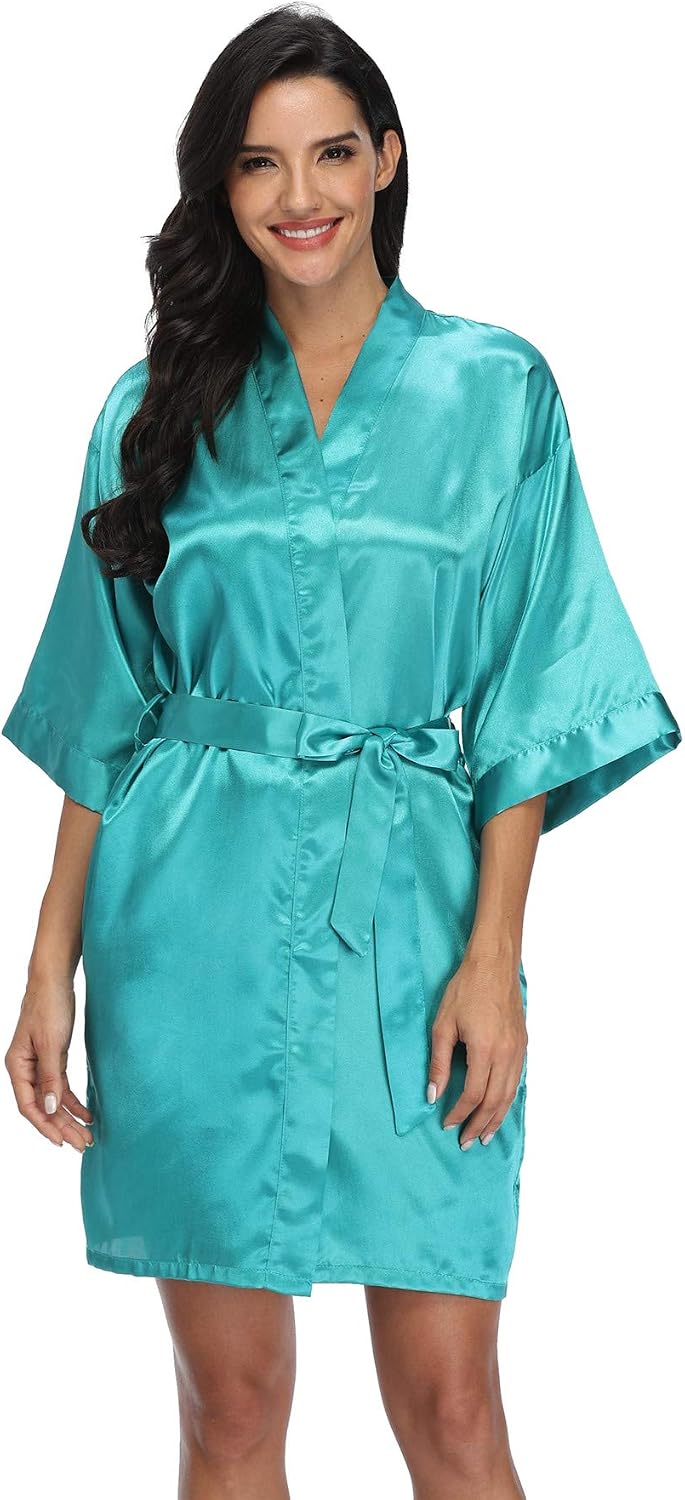Short turquoise satin robe with wide sleeves, pockets, and a matching tie belt