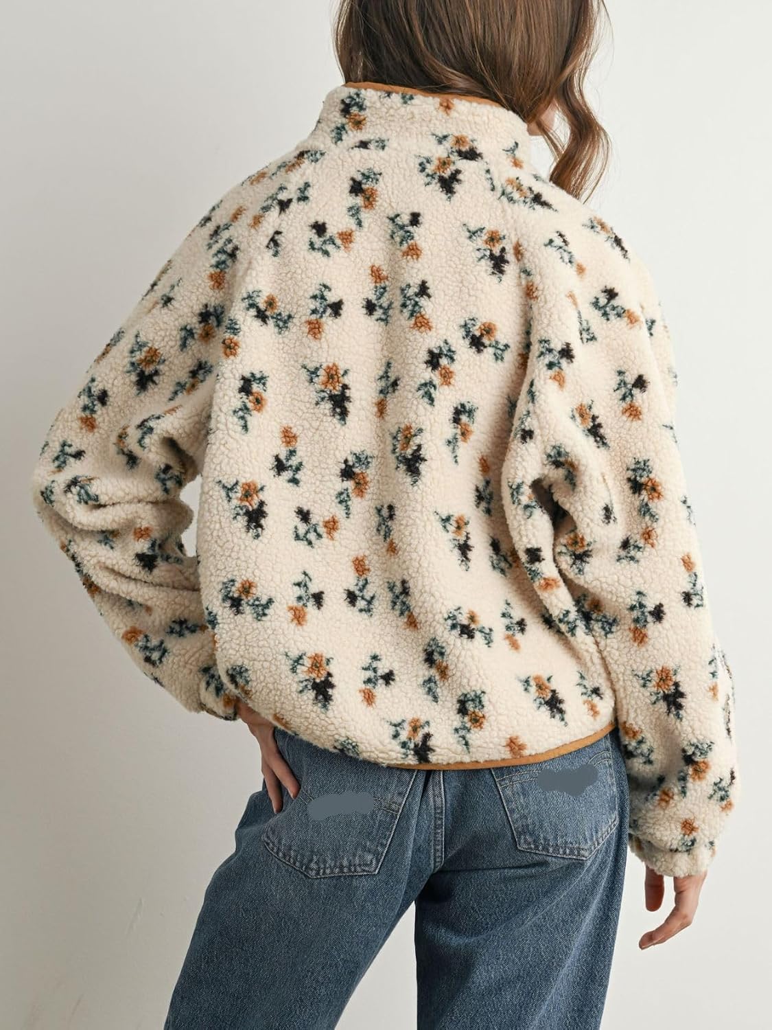 Floral teddy fleece jacket, cream with multicolor mini blooms, snap front, ribbed cuffs