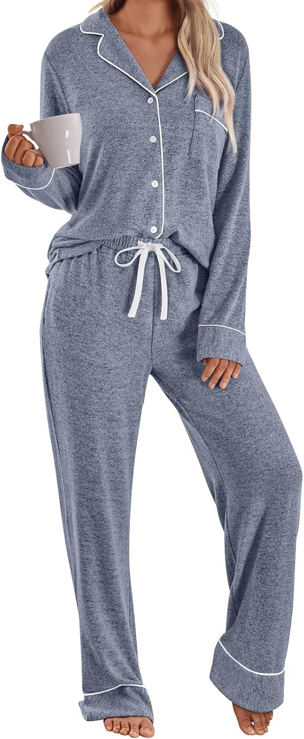 Women's blue-gray pajama set with piped shirt, chest pocket and drawstring waist