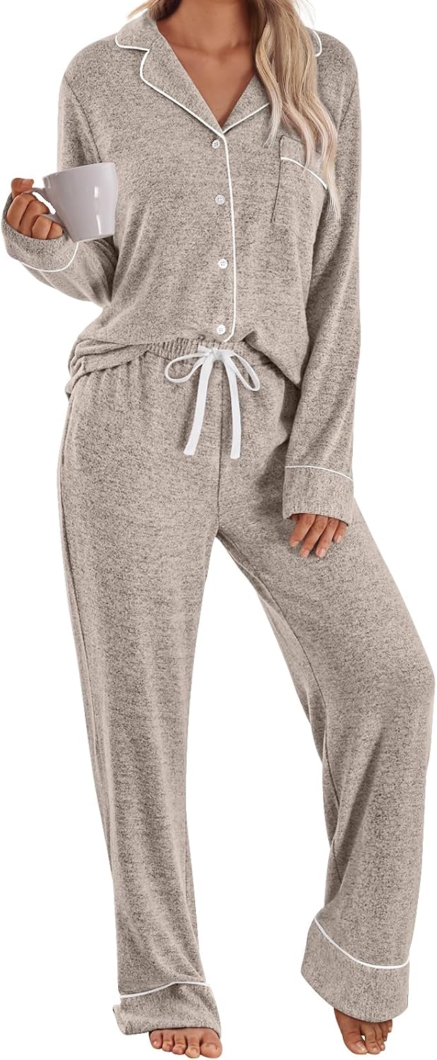 Women's beige two-piece pajama set with piped button-front shirt and drawstring pants