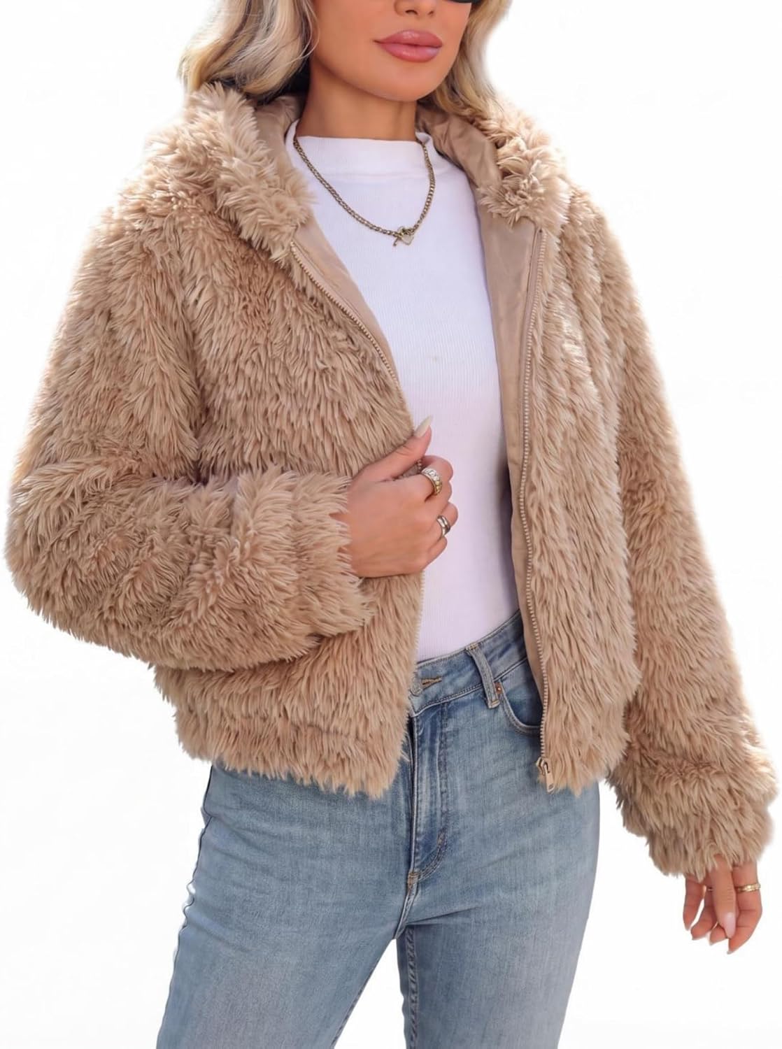 Khaki faux fur cropped coat with hood and front zipper