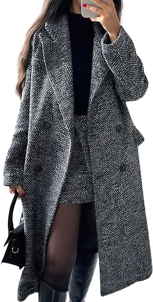 Black-and-grey herringbone long double-breasted wool trench coat with notch lapels