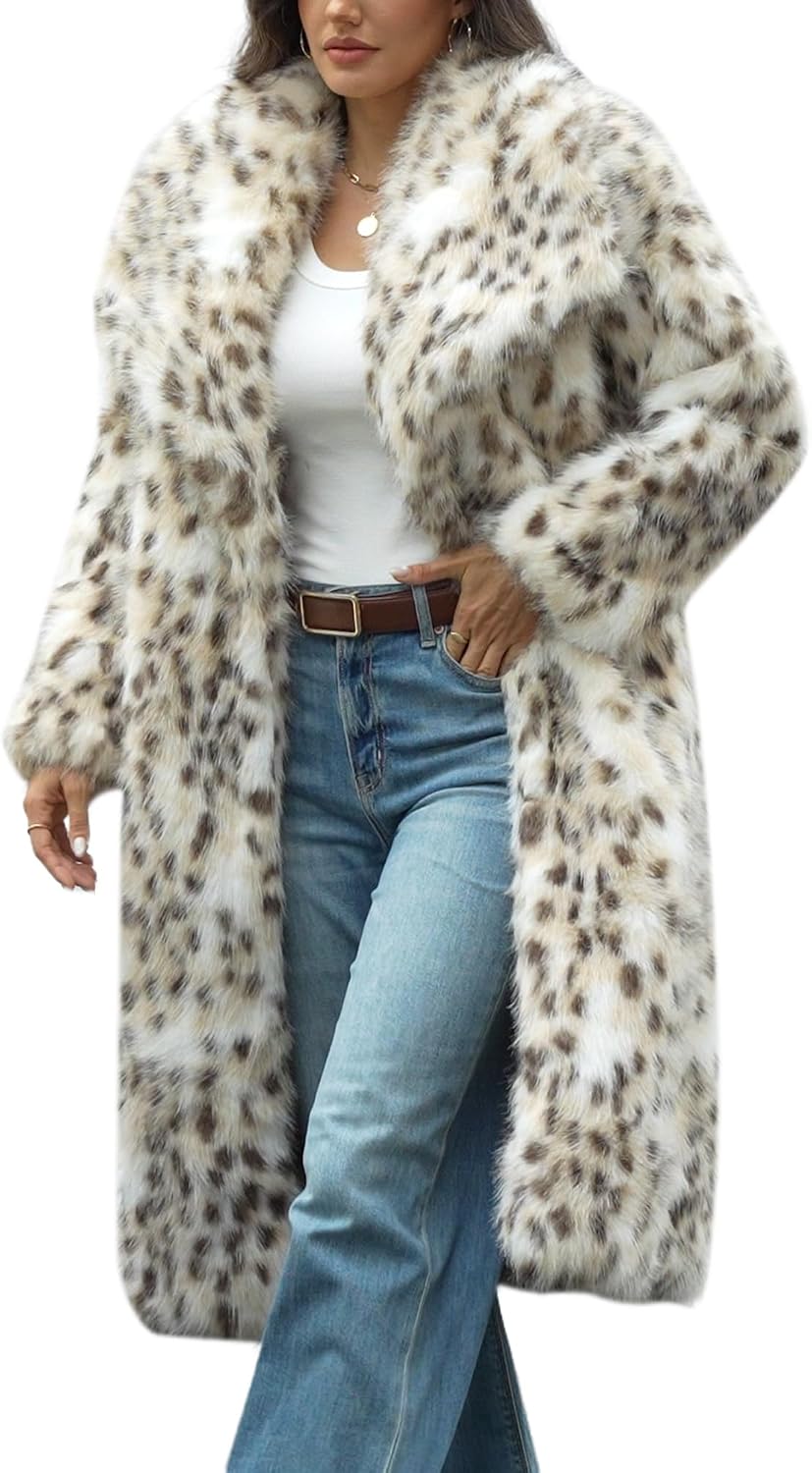 Long cream faux fur coat with brown spots, wide collar and open front