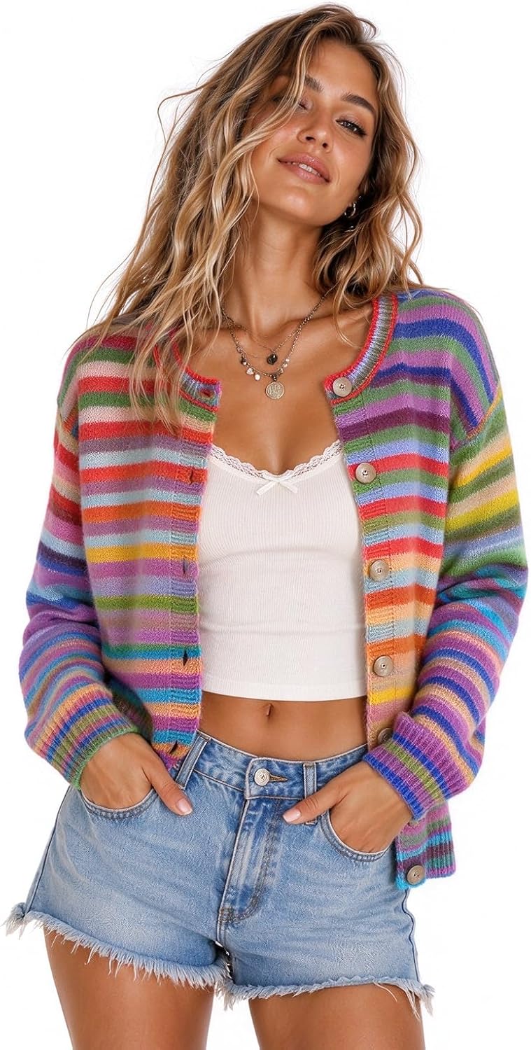 Rainbow striped knit cardigan with button-front placket and long sleeves