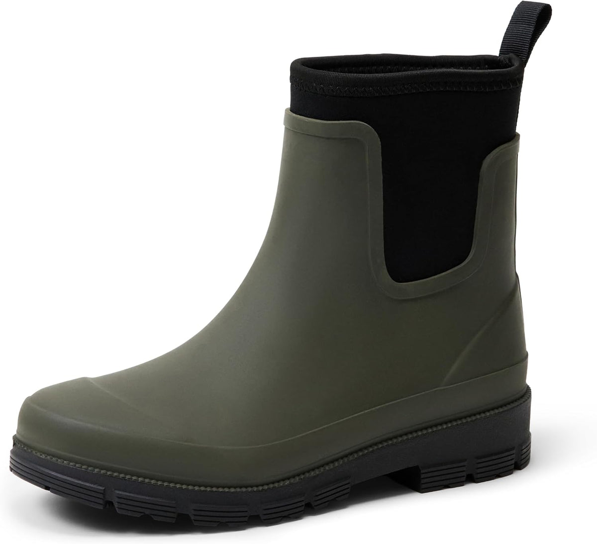 Olive Chelsea ankle rain boot with black elastic panel and lug sole