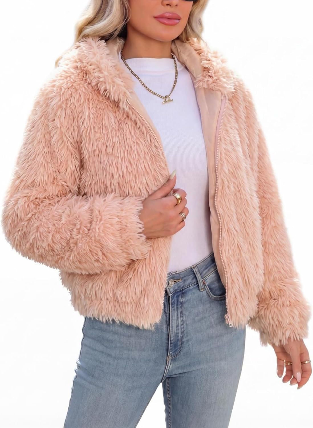 Apricot faux fur cropped coat with hood and front zipper