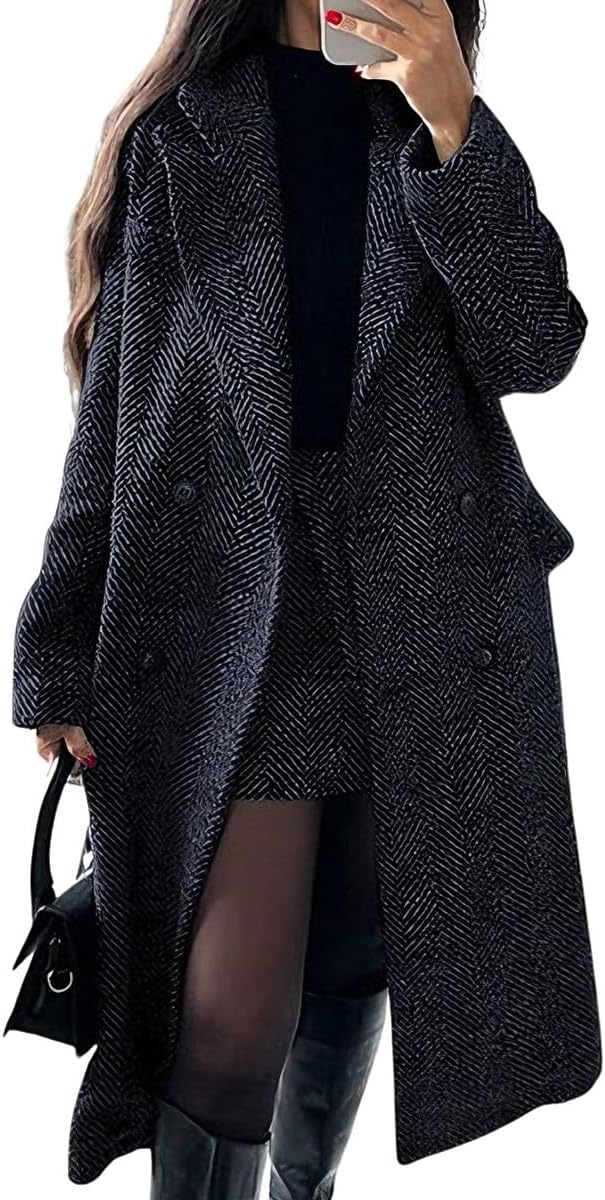 Black herringbone long wool trench coat with double-breasted buttons and lapel collar