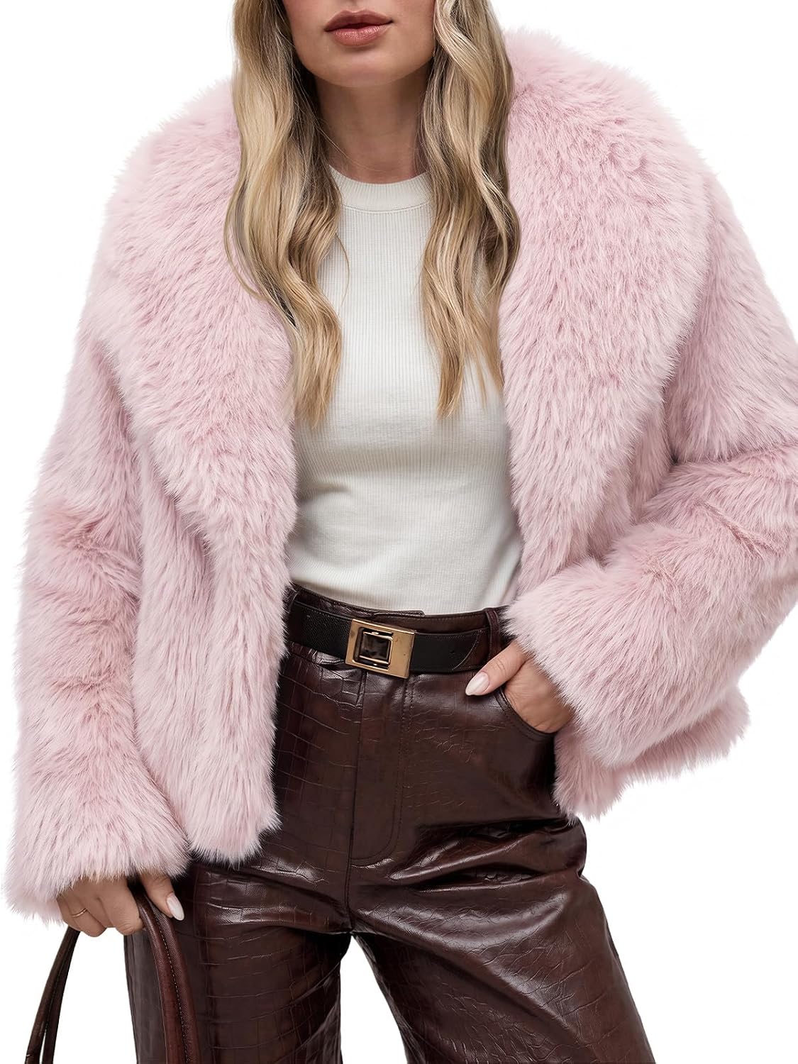 Trendy Queen cropped light pink faux fur coat with wide lapels