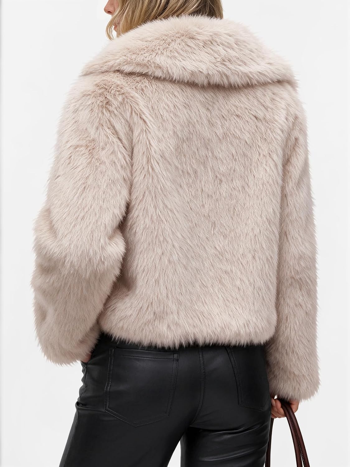Trendy Queen cropped beige faux fur coat, shown from the back with a wide collar