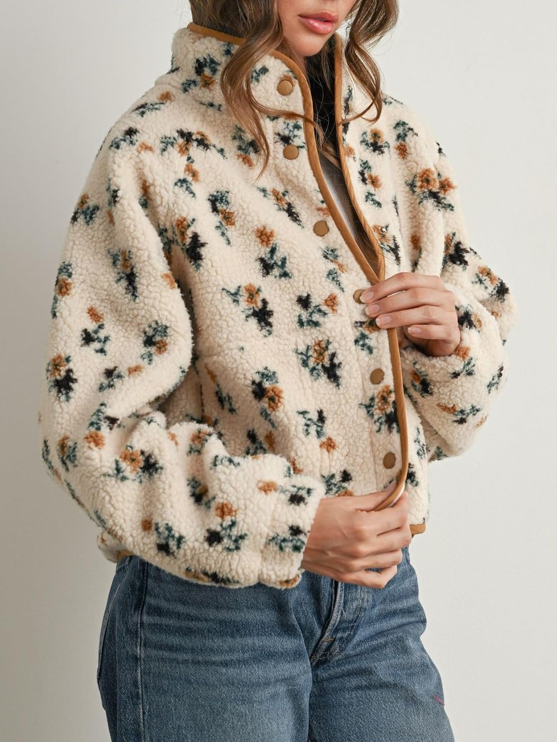 Floral teddy fleece jacket, cream with multicolor blooms, snap placket and button trim