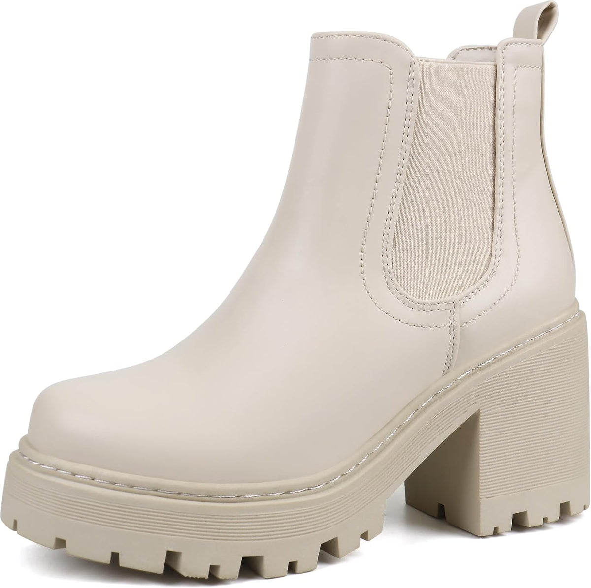 Cream Chelsea boot with elastic side panel, block heel and lug sole