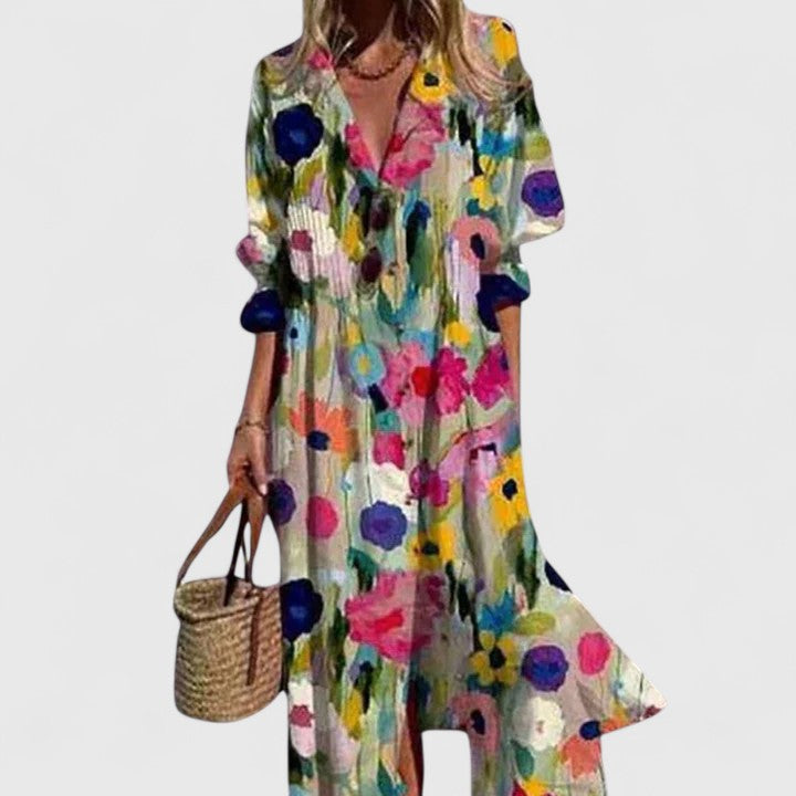 Boho printed maxi dress in multicolor with dotted patchwork look, V-neck button front