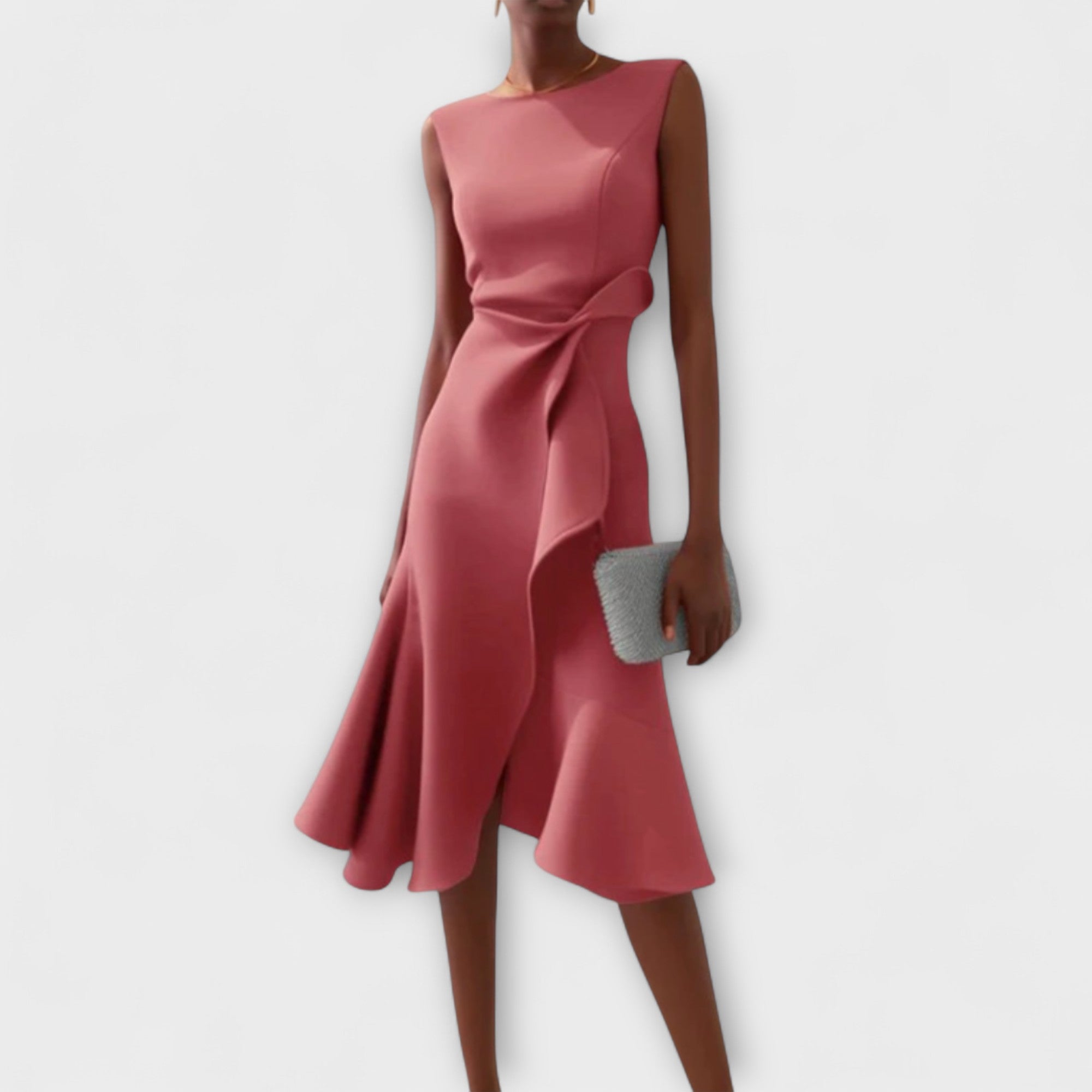 Pink sleeveless crepe midi dress with draped waist and asymmetric ruffle hem