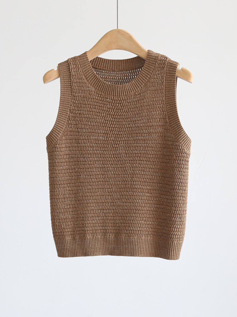 Brown cotton open-knit crochet tank top with sleeveless ribbed crew neck