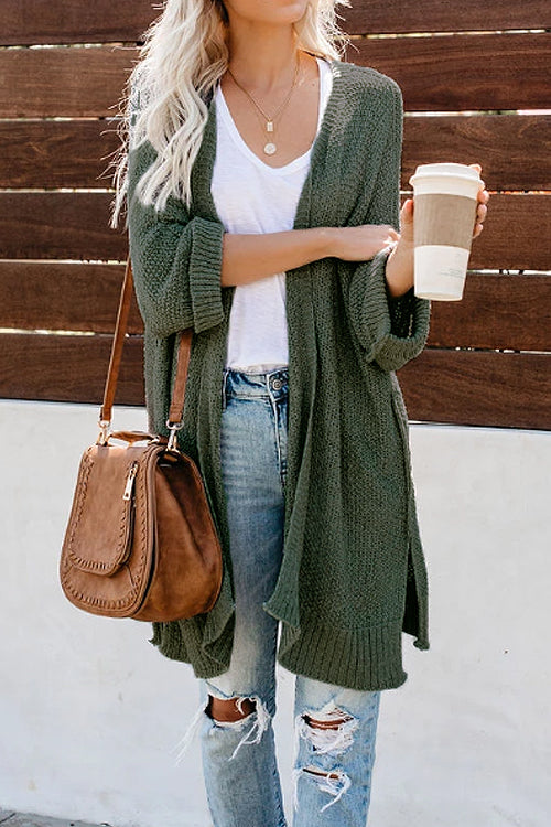 Long sleeve knit cardigan in olive green with open front and layered drape