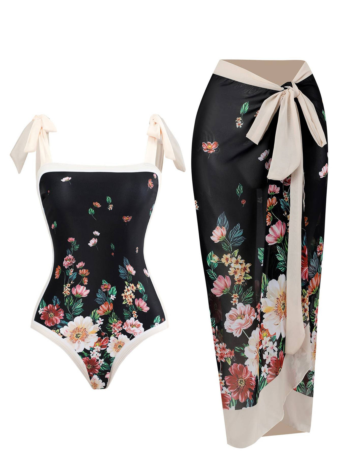 Black one-piece swimsuit with tie straps and colorful floral print; matching wrap sarong