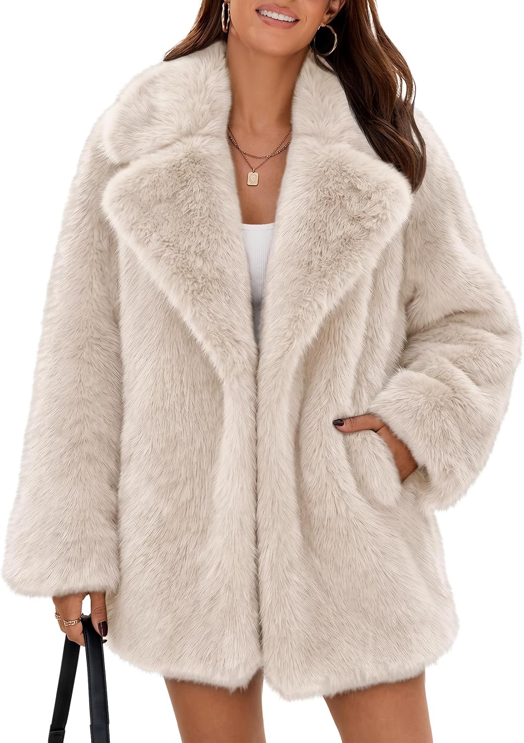 Cream faux fur coat with oversized lapels and mid-thigh hem