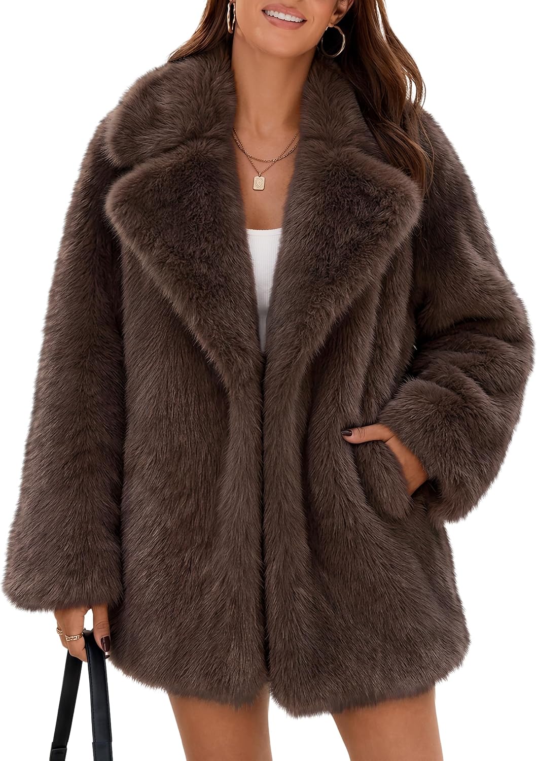 Brown faux fur coat with oversized lapels and mid-thigh hem